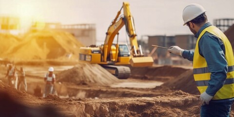 engineer working on construction site and heavy machine background, civil engineers control and inspection during labor working. land and soil development. - obrazy, fototapety, plakaty
