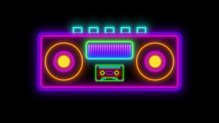 Retro Neon Radio And Cassette Stereo Recorder Animated On A Black Background.
