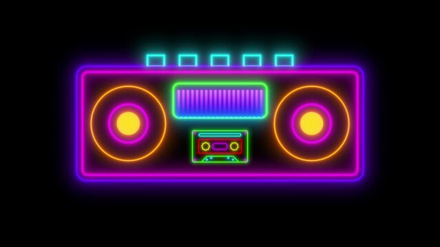 Retro Neon Radio And Cassette Stereo Recorder Animated On A Black Background.