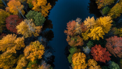 Autumn view from the sky on colorful forests in park Mauricie, Quebec, Canada
