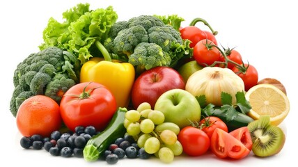 A variety of fruits and vegetables are piled on top of each other