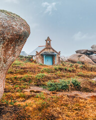 small chapel on the coast of french brittany. Chapel of St. Guirec, Sentier des Douaniers hiking...