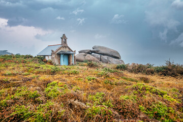 small chapel on the coast of french brittany. St-Guirec chapel in Ploumanac'h, on the pink coast...