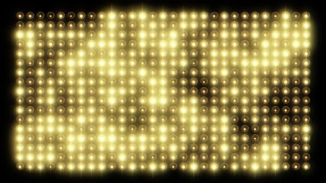 Flickering glowing rectangle animation of light bulbs on a black background. Bright seamless horizontal loop motion graphics of light film border. Stage light wall with blinking effect
