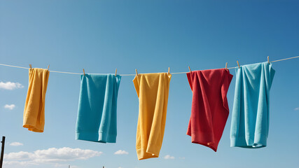 Five vibrant towels drying on a line against a clear blue sky on a sunny day.