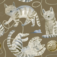 Seamless pattern of playing gray tabby cats painted in watercolor in sketch style on a brown background. Cute pussy fluffy kitty kittens illustration. For fabric, sketchbook, wallpaper, wrapping paper