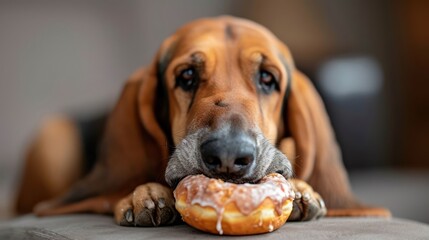 the joyous moment of a Bloodhound Dog eat doughnut in special shot photography