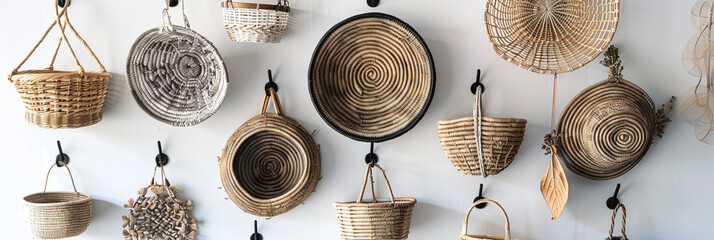  A collection of handwoven baskets in various shapes and sizes, hung on hooks against a white wall, blending form and function in a stylish and practical display