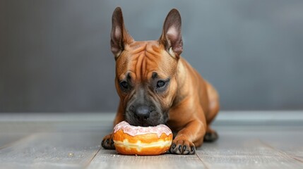 the joyous moment of a Bull Terrier Dog eat doughnut in special shot photography - obrazy, fototapety, plakaty