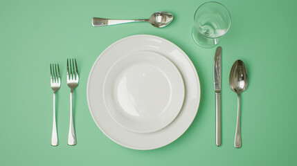 Simple table setting on green background top view