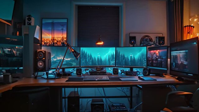 A professionally organized computer desk with two large high-resolution monitors and a keyboard, ideal for productivity or gaming, A gaming developers workspace with advance equipment