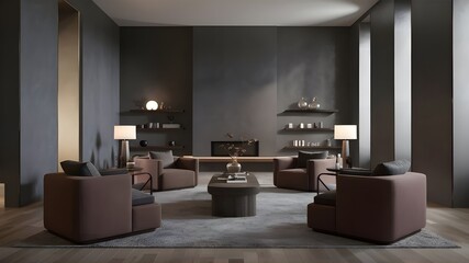 Modern luxury interiors designs. Empty painted wall.dark accent furniture and blank background.Bedroom interior trend 2024 year Modern luxury apricot room interior home designs