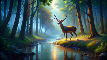 A deer standing in a forest at night against the light