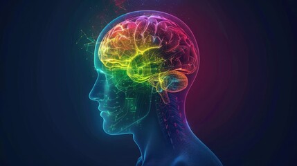 Exploring human mind's emotion, intellect, creativity through glowing brain in silhouette