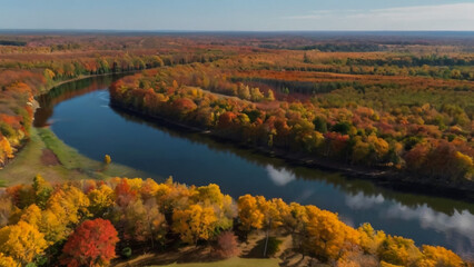 Naklejka premium Autumn view from the sky on colorful forests in park Mauricie, Quebec, Canada 
