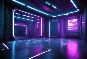 'rendering 3d stage background room concrete grunge empty dark lights glowing purple blue panel big...