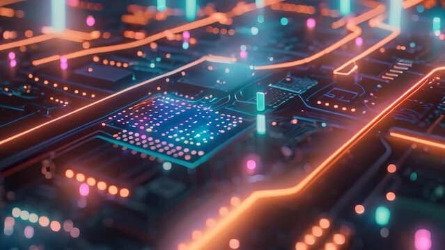 A detailed close-up Video of a computer circuit board showing intricate electrical components and intricate pathways, A glowing neon representation of digital transactions