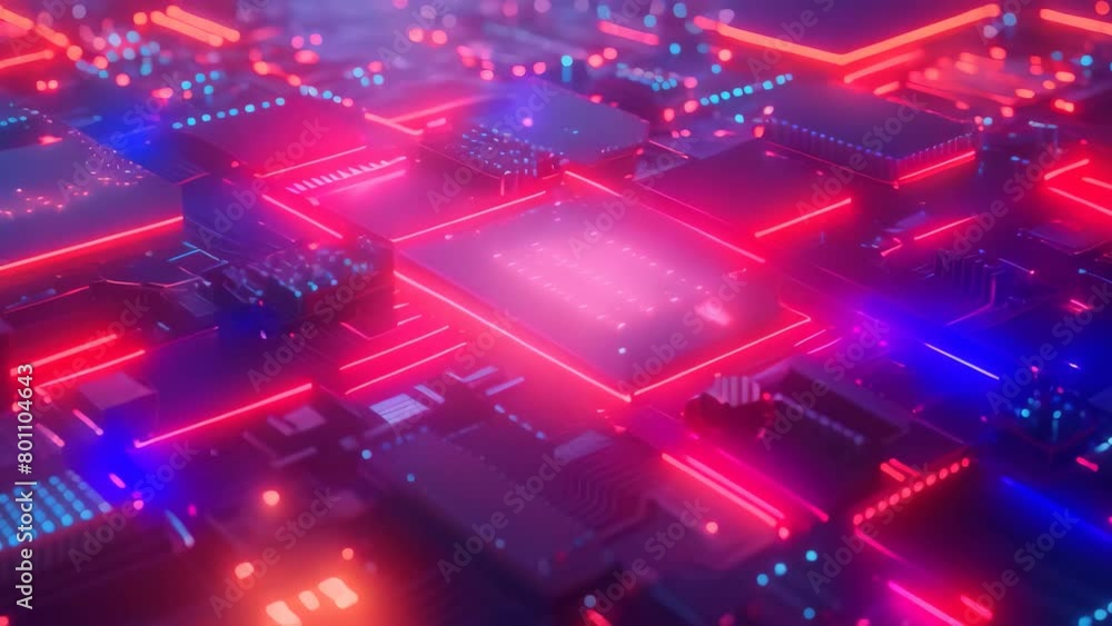 Poster this photo showcases a detailed close-up view of a computer circuit board, a glowing neon representa