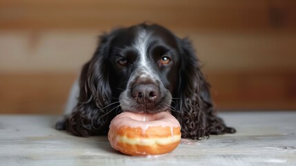 the joyous moment of a English Springer Spaniel Dog eat doughnut in special shot photography - obrazy, fototapety, plakaty