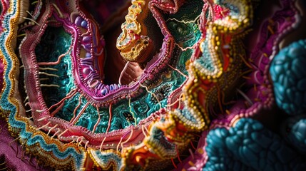 Fototapeta premium Educational colon cross-section in vivid colors, focusing on mucosal, submucosal layers