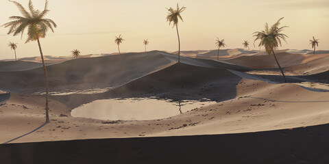 Panorama view to colorful sand dunes with water surfaces and palms. 3D Rendering
