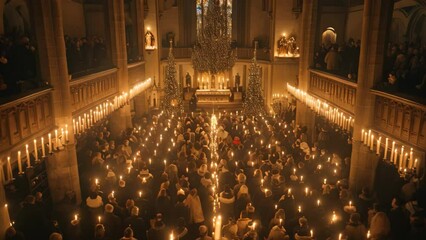 A gathering of numerous individuals holding lit candles inside the walls of a church, A grand Christmas church scene with people holding lit candles