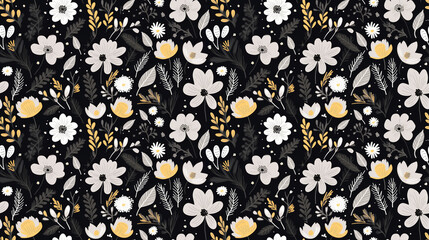 A seamless pattern of hand-drawn flowers and leaves on a black background