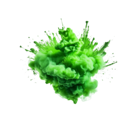 Vibrant green paint explosion, resembling a blooming flower, with splashes and droplets, isolated on transparent background. Generative AI