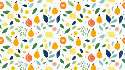 A seamless pattern of hand-drawn fruits and leaves in a summer theme.