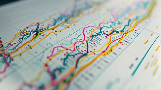 A detailed close-up of a map showcasing numerous intersecting lines, providing information and direction, A graph with detailed lines that shows the increase in inflation over time