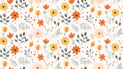 Obraz premium A seamless pattern of hand-drawn flowers and leaves in a retro, 70s style.