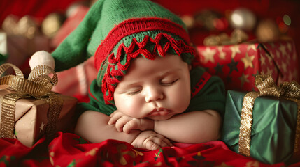 Sleeping little baby in elf's costume and with Christmas