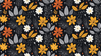 A seamless pattern of hand-drawn flowers and leaves in a retro style. The flowers are orange, white, and gray, and the leaves are gray with black outlines. The background is black.