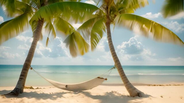 Experience pure bliss as you rest on a hammock suspended between two palm trees on a beautiful beach, A hammock strung between two palm trees on a deserted island