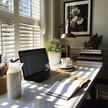 modern office interior with dask and laptop