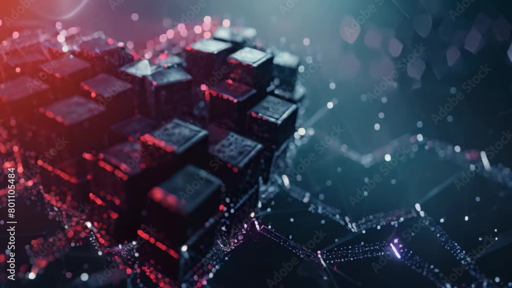 Poster computer generated video of cubes and lines, abstract geometric design, a heart made of blockchain b