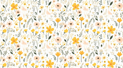 A seamless pattern of hand-drawn flowers and leaves in a whimsical style