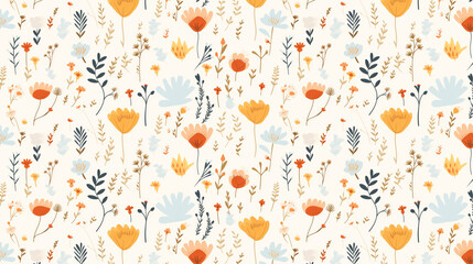 A seamless pattern of hand-drawn flowers and leaves in a whimsical style