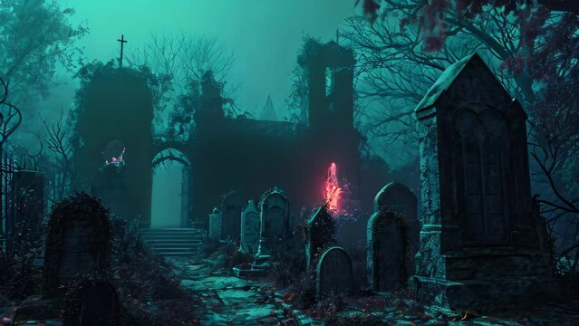 A haunting Video of a creepy graveyard featuring ominous tombstones in the front, A haunted graveyard with eerie, glowing tombs