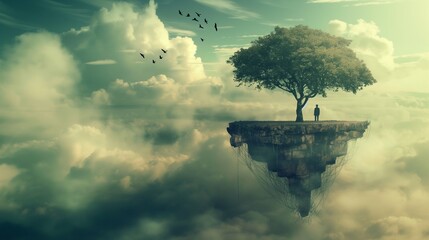 a lone tree standing above a cloud covered sky with birds flying in the background - obrazy, fototapety, plakaty