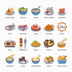 Colorful Restaurant Icons. International Food. Set 4 of 4.