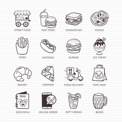 Restaurant Doodle Icons. Fast food. Set 3 of 4.