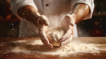 Fototapeta premium Hand tossing dough for pizza, flour in the air, dynamic motion, rustic kitchen background,