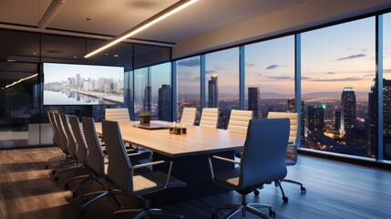 Obraz premium Spacious conference room in a corporate office with large table, high-tech equipment, and city views,