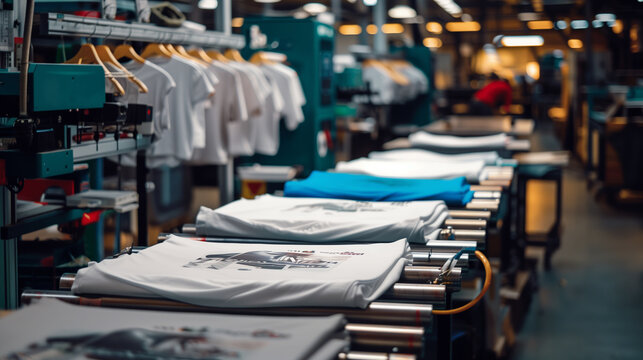 Chic printing gear in a print business depicting an array of t-shirts depicted over the printshop facility. Heat Transfer T Shirt Printing. Tshirt Merchandise. printing prints on T-shirts. 