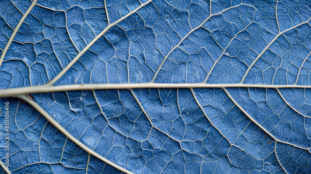 Poster shimmering blue tree leaf skeleton texture background showcasing intricate patterns and details.