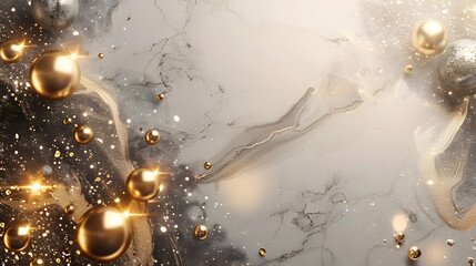Luxury abstract gold background with ball decoration and shiny elements marble background. Generative AI.