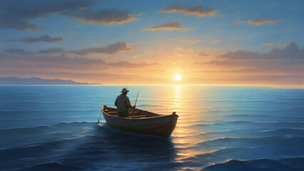 Fisherman in boat in the morning 
