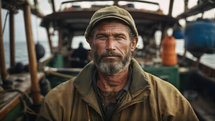 Portrait of a fisherman in boat