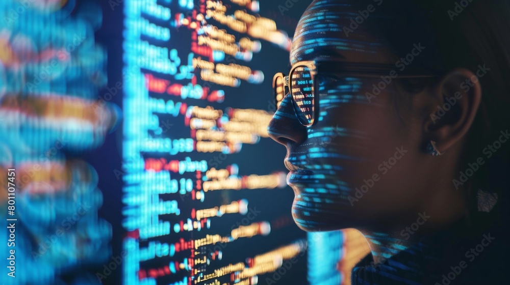 Poster Close-up of a programmer, an IT specialist, an analyst with glasses reading an html script in the office. Software, cybersecurity, hologram data, digital code, information modern technology concepts
